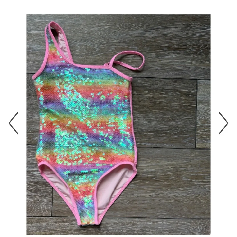 Lola + The Boys Rainbow Sequin One-Piece Swimsuit size 8 with Pink Trim